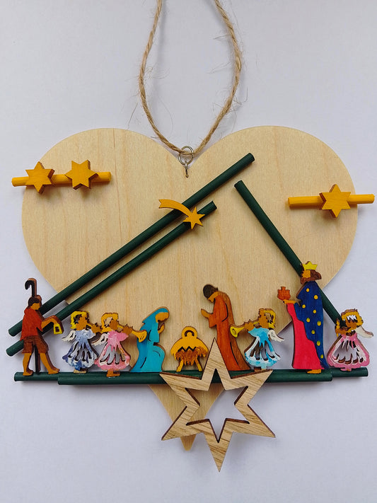 Naturholz Herz mit Hirten und 3 Heilige zur Christi Geburt